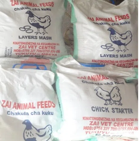 bags of agriculture material which is food for chickens